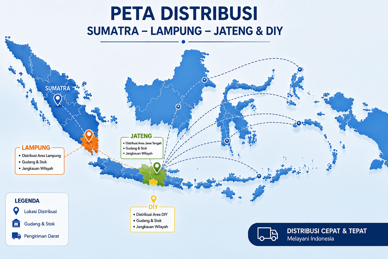 Peta distribusi PT. Grande Bahana Nusa: Sumatra, Lampung, Jawa Tengah, dan DIY